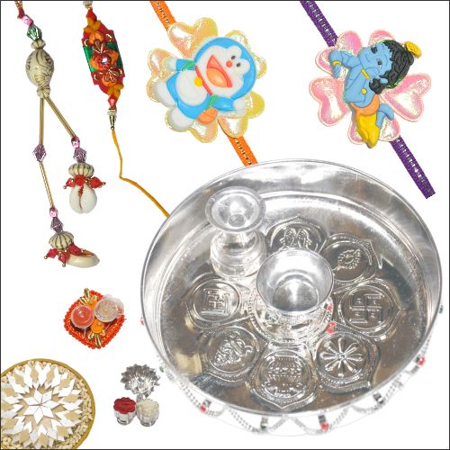 Silver Puja Thali with Sweets & 4 Rakhi Set 14
